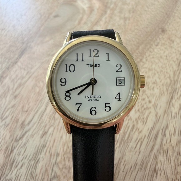Timex Accessories - Timex T2H341 Easy Reader Indiglo Gold Tone Black Leather Watch White Dial